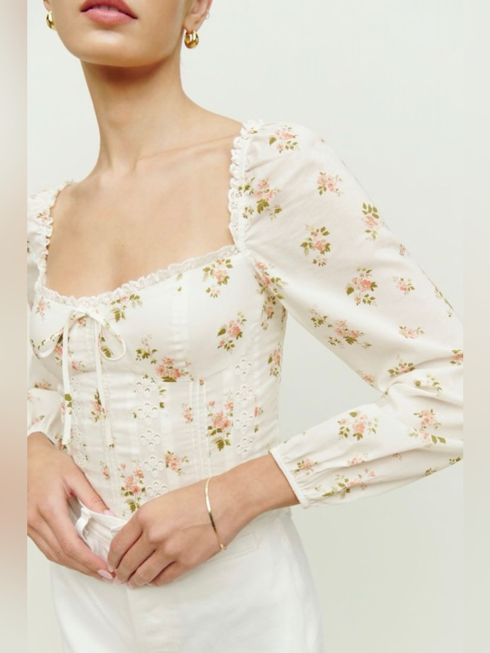 Reformation Isadora Floral Balloon Long Sleeve Smocked Top Corset Embroidered